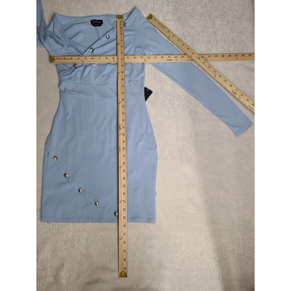 Bebe off-shoulder sheath dress Size XS Baby blue wedding guest love island theme - Picture 14 of 14